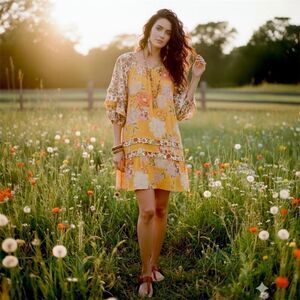 Roller Rabbit Mini Dress Shift Puff Sleeve Floral BOHO Hippie Cottagecore Small